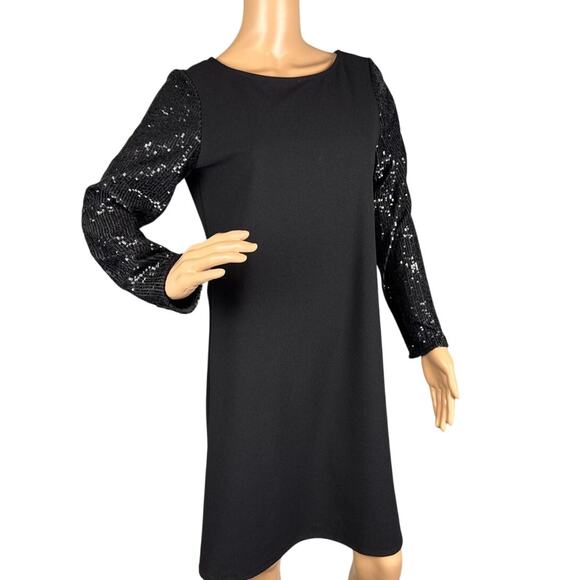 Marina Women's Sequin Sleeve Knee Length Shift Dress Black Size 6 NWOT Modest - Picture 1 of 10